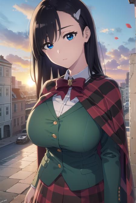 noelniihashi, <lora:noel niihashi anime-lora-nochekaiser:1>,
noel niihashi long hair, blue eyes, black hair, hair ornament, hairclip, (large breast:1.2),
BREAK skirt, shirt, long sleeves, bow, school uniform, jacket, white shirt, pleated skirt, collared shirt, bowtie, red bow, plaid, capelet, blazer, green skirt, green jacket,
BREAK outdoors, city, sun, sky, clouds,
BREAK looking at viewer, (cowboy shot:1.5),
BREAK <lyco:GoodHands-beta2:1>, (masterpiece:1.2), best quality, high resolution, unity 8k wallpaper, (illustration:0.8), (beautiful detailed eyes:1.6), extremely detailed face, perfect lighting, extremely detailed CG, (perfect hands, perfect anatomy),