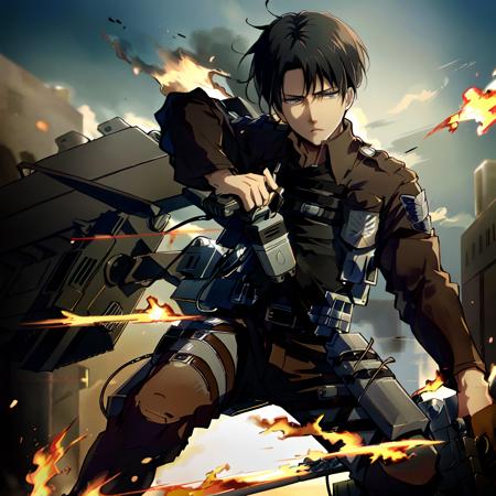 1man,<lora:Levi Ackermann:0.9>,highly detailed,high res, (Levi Ackermann),attack on titan,black hair,solo, outside, detailed eyes, full face, ruins,flames,black smoke,(three-dimensional_maneuver_gear),(blurred_background)