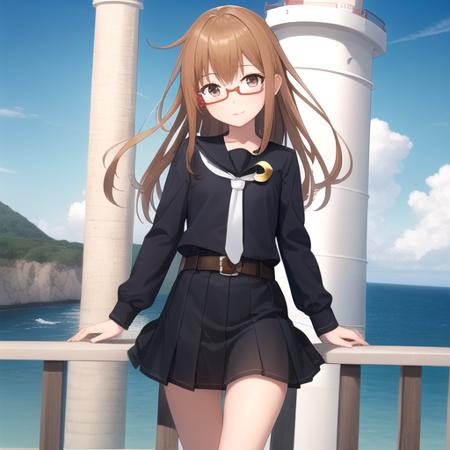 ((masterpiece)),(best quality),official art,extremely detailed CG,unity 8k wallpaper,ultra detailed,A lighthouse on a cliff by the sea,1girl,solo,cowboy shot,glasses,brown_hair,long_hair,black_shirt,school_uniform,brown_eyes,skirt,serafuku,red-framed_eyewear,crescent_pin,long_sleeves,white_socks,white_necktie,belt,looking_at_viewer,loafers,<lora:Mochizuki(kan)>,