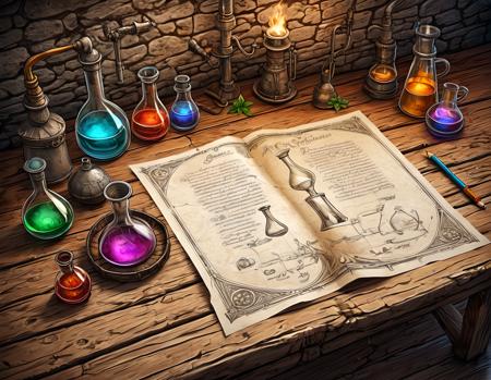 Indie game art,(rough sketch drawing of a cozy medieval alchemy laboratory, side view, five colorful potions are randomly placed on a rustic wooden table on old paper background texture with a fancy border, fold lines, achemistry, ((pencil sketch)), medieval, (skyrim), from above, ((close up)), herbs, close-up), (Vector Art, Borderlands style, Arcane style, Cartoon style), Line art, Disctinct features, Hand drawn, Technical illustration, Graphic design, Vector graphics, High contrast, Precision artwork, Linear compositions, Scalable artwork, Digital art, cinematic sensual, Sharp focus, humorous illustration, big depth of field, Masterpiece, trending on artstation, Vivid colors, trending on ArtStation, trending on CGSociety, Intricate, Low Detail, dramatic