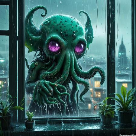 lazypos,
tearStyle2,
An anthropomorphic cybernetic cthulhu looking through the window of his home in a cyberpunk city, raining, wet glass, highly detailed, cute, kawaii,