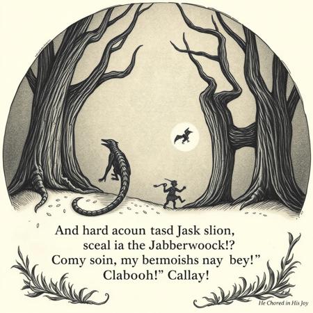 And hast thou slain the Jabberwock?
      Come to my arms, my beamish boy!
O frabjous day! Callooh! Callay!”
      He chortled in his joy.
