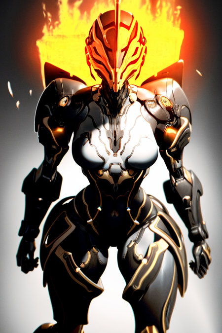 (masterpiece, best quality, high quality, absurdres, soft lighting, film grain, semirealistic),
(1girl, robot, humanoid, solo, good body), (sci-fi theme, hard panels), (helmet, mecha body, thighs guards, gauntlets), ((black and white body)),
(medium breasts, toned), ((scenery, blazing head, fire, upper body)), <lora:EmberV1:0.7>