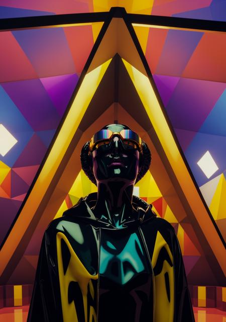 1983 film, 8 bit realistic, polygonal, pale android woman, ((impressionism, abstract minimalism), 8k render), panosstyle, intense gold:black rainbow psychedelic crystal architecture, neon backlighting, silhouettes, colorful LSD trails, NES theme, dark glossy black, liminal, gorgeous woman (wearing black latex hooded witch's robe, (bizarre crystal goggles), head down looking up, (pale android skin), perfect face), long messy brown hair, liminal space setting, Large Triangle prism in background,  <lora:LowRA:0.2> <lora:panoscosmatos:1>
