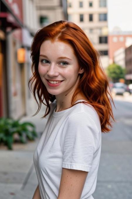 Portrait of a smiling young red-haired woman in the city, <lora:LCM_LoRA_Weights_SD15:1>