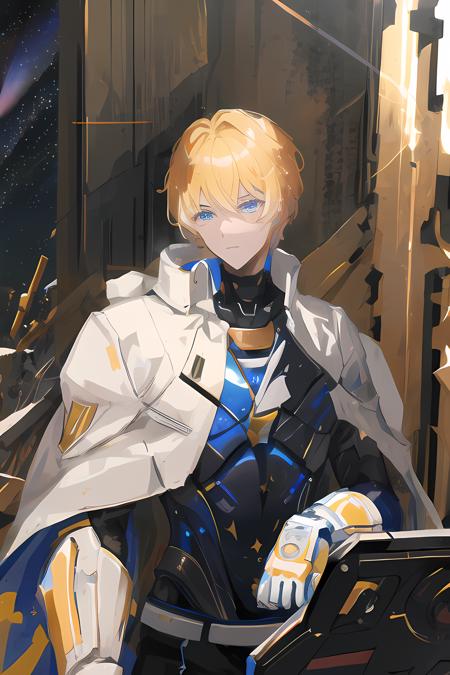 masterpiece, best quality, 1boy, armor, aurora, blue_eyes, breastplate, constellation, galaxy, gun, handgun, holding, holding_gun, holding_weapon, light_particles, male_focus, milky_way, night, night_sky, rain, shooting_star, sky, solo, space, star_\(sky\), starry_background, starry_sky, upper_body, weapon, blonde_hair,