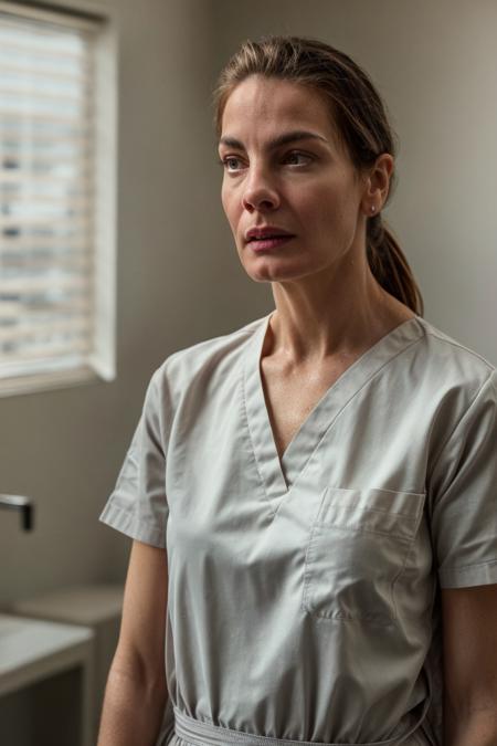 nurse, wearing a scrub, worried expression, at the hospital, standing, sharp focus, soft lighting, (high detailed skin:1.1)
 <lora:0more_details:1> <lora:michelle_monaghan_lora_v01:1> michmon