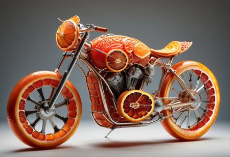 blood orange style, classic vintage motorcycle entirely constructed from translucent blood orange segments, hyper-realistic macro texture, frame sculpted from intricate citrus configurations, wheels composed of precisely arranged orange wedges, luminescent amber-crimson palette, volumetric light filtering through organic membranes, detailed segmented mechanical anatomy, impossible material transformation, soft diffused lighting, dynamic motion suggested through fluid citrus geometry, photorealistic rendering, ethereal bioluminescent quality, supernatural engineering aesthetic