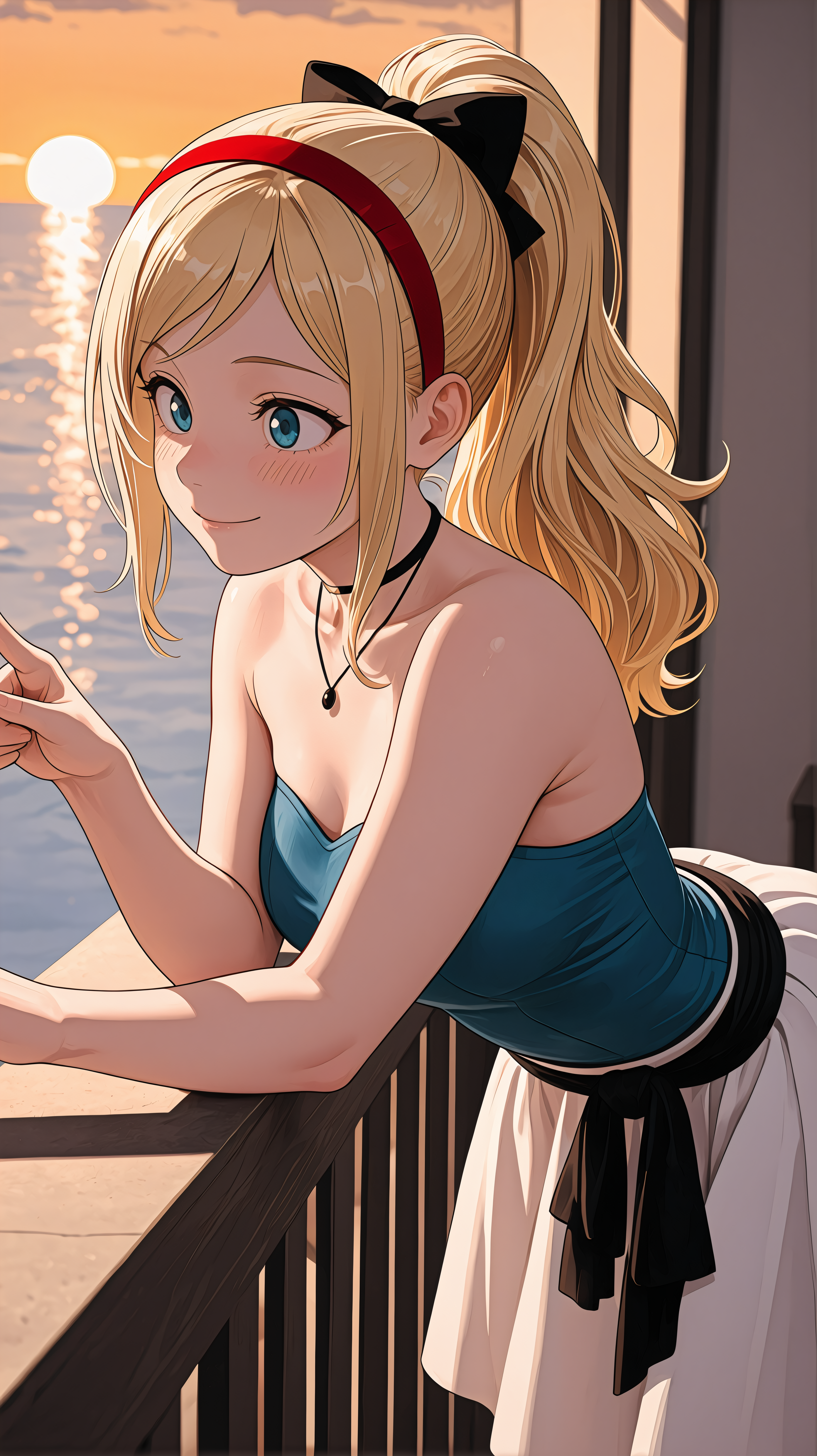 A young woman with blue eyes, long blonde hair styled in a high ponytail, and a gentle smile leaning forward on a railing looking off to her left. She is wearing a blue strapless top, a white skirt with a black sash, a red headband with a black bow, a black necklace and pendant, and a black choker. The background consists of a view of the ocean at sunset, with the sun low on the horizon.