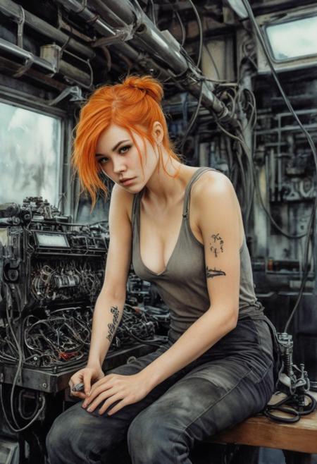 close up, upper body, Ink illustration, black tones, inkpunk
1 girl, solo, 20 years old, natural skin, imperfect skin, slim build, captivating presence, expressive gaze, large breasts, tiny waist, slim thighs
The human mechanic leans over the open hood of a flying car, her fingers greasy as she adjusts the intricate wiring inside. Her bright orange hair, styled in a pixie cut with longer strands falling across her forehead, gleams in the fluorescent lights of the underground lab. Her slender arms, exposed in a tank top, flex as she tightens a bolt, the taut muscles of her shoulders and back moving under her pale skin. Around her, metal tools are scattered across workbenches, and the sound of whirring engines fills the air. The walls are lined with shelves of old tech parts, and an old radio crackles with music in the background.
