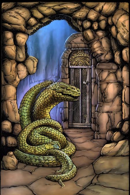 fantasyclassicscolour, a large snake in a dungeon <lora:FantasyClassics:1>