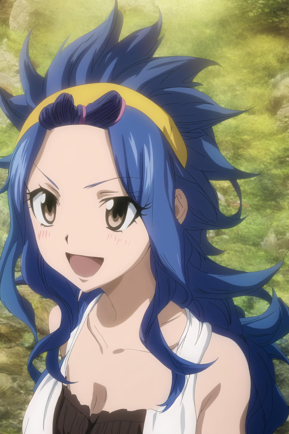 levy, fairy tail, anime art style, 1girl, solo, long_hair, smile, hair_ornament, bare_shoulders, brown_eyes, blue_hair, co...