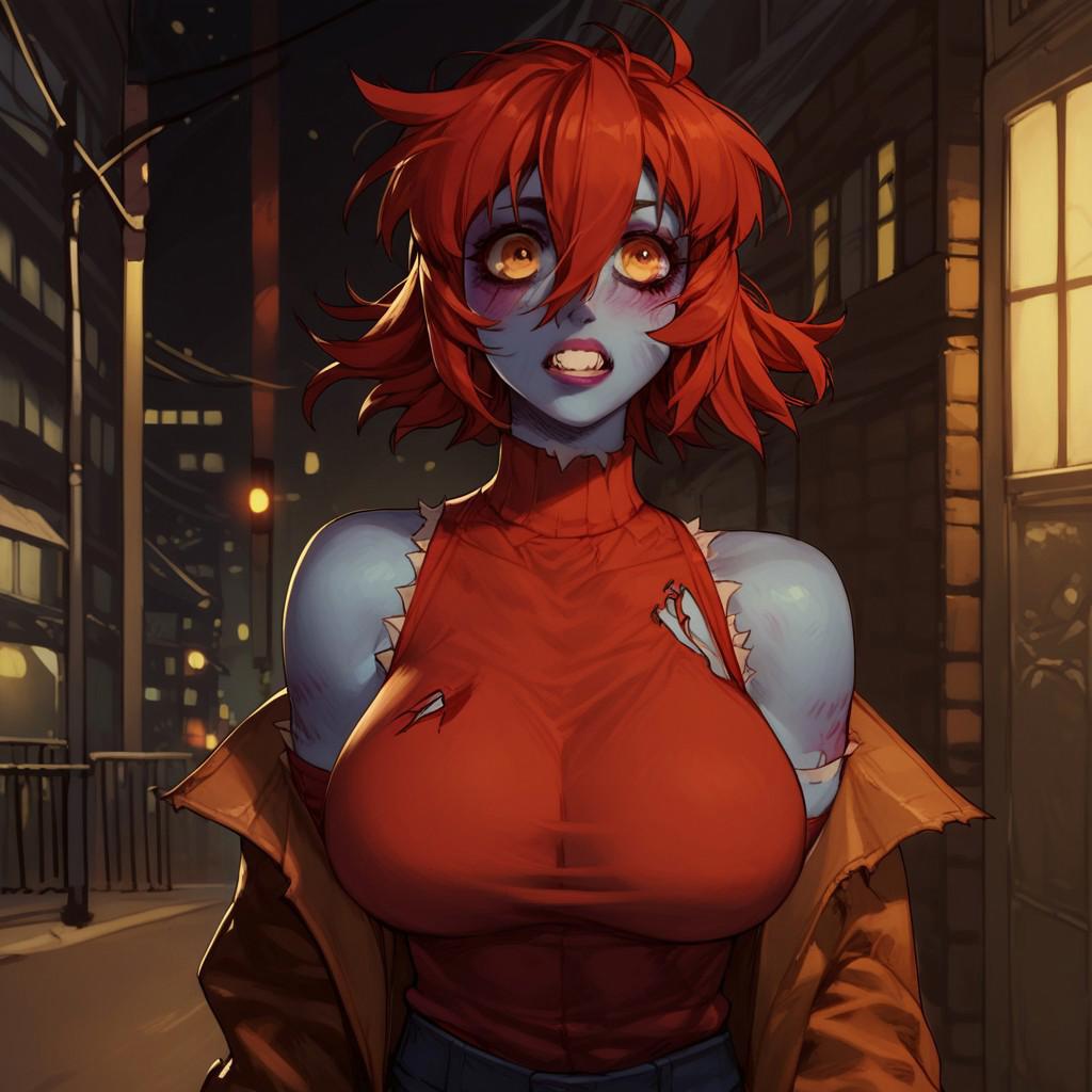 score_9, score_8_up, high quality, highly detailed, on a street at night, solo, beautiful, (zombie girl), (monster girl), torn clothes, big breasts, (staggering)