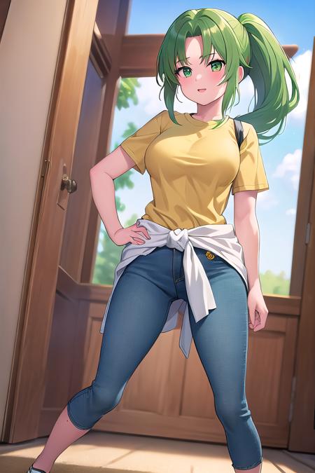 masterpiece, best quality, ultra-high-detailed, 1girl, Mion Sonozaki, green hair, green eyes, ponytail, yellow tee, clothes around waist, jeans