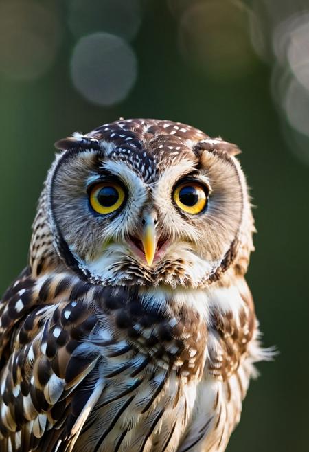 portrait, masterpiece, 4k, ray tracing, intricate details, highly detailed, hyperrealistic, 8k RAW editorial photo.
an adorable little owl, head with a tilt and a slight blink. The owl's feathers should be soft and fluffy, the background should be a muted forest, dramatic light, shallow depth of field, high budget,