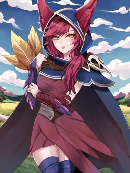 grass, sky, field, xayah, league of legends, 1girl, animal ears, bandaged leg, thighhighs, bandages, belt, bird legs, bird skull, cloak, closed mouth, ears through headwear, eyes visible through hair, facial mark, feathers, hood, hood up, hooded cloak, long hair, yellow eyes, red hair, talons, vambraces, blue capelet, cape, capelet, hair over shoulder, hooded capelet, red dress, dress, nose ring, nose piercing <lora:xayah-000036:1>