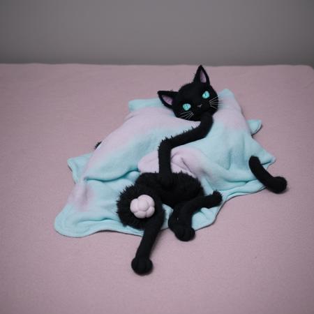 claymation fluffy black cat sleeping on blanket on a bed, adorable,((claymation)), pastel colors, low saturation, low contrast,