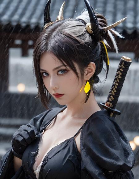 xxmix_girl,Glowing style, yellow glowing earrings, Samurai, 1girl, red lower eyeshadow, weapon, sword, solo, holding, arm armor, oni horns, horns, ponytail,japanese clothes, katana, black gloves, rain, wide sleeves, long sleeves, closed mouth, looking at viewer, kimono, blue eyes, blurry, rope, white hair, hair ornament, looking back, makeup, upper body, sheath, blurry background, red lips, outdoors, two-handed, lips, hands up,(in the dark, deep shadow, low key, cold light), night,Exquisite and clear,in the style of zeiss batis 18mm f/2.8,beautiful face,beautiful eyes,<Glowing_style_XL_0.1:0.75><PrgXL_V1:0.75>