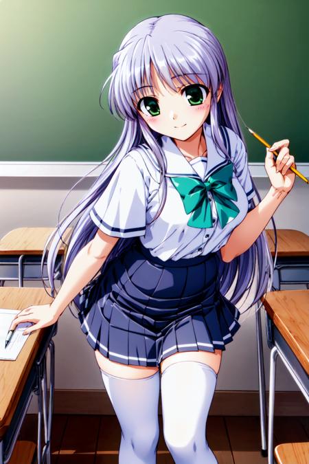 Masterpiece, Best Quality,  <lora:Feena_Local_03_10:1.0>, Feena, white school uniform, green bow, blue pleated skirt, zettai ryouiki, emblem, white thighhighs, standing, holding pencil, in classroom, closed mouth, legs together, teaching pose