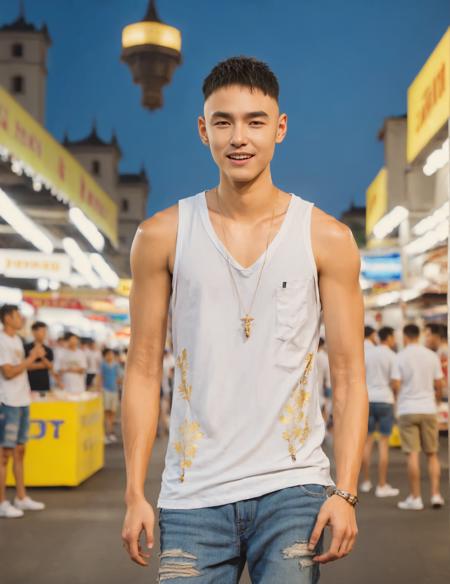 Create an image that captures an 18-year-old young man in the midst of a lively night market, holding a weapon and displaying an expression of anger without opening his mouth. The young man is bald, dressed in a white tank top, an unbuttoned floral shirt, denim shorts, and a gold necklace. His arms and legs display bold tattoos, adding to his rugged appearance. The weapon should be prominent, reflecting his readiness and determination. The night market should be bustling with activity, with various stalls, vendors, and customers in the background. The lighting should reflect the vibrant and energetic atmosphere of the night market, with colorful lights from the stalls and street lamps. The young man's expression and pose should be dynamic and intense, reflecting his anger and intensity. The overall scene should be engaging and lively, capturing the unique character of the young man and the bustling night market environment,<lora:htm:0.8>