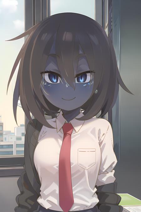 1girl, blue skin, masterpiece, best quality, Smouldie, short hair, smile, white collar shirt, necktie, (upper body), office, looking at viewer <lora:Smolder_Enhanced:1> kdm-style <lora:kdm-style-v05:0.95>