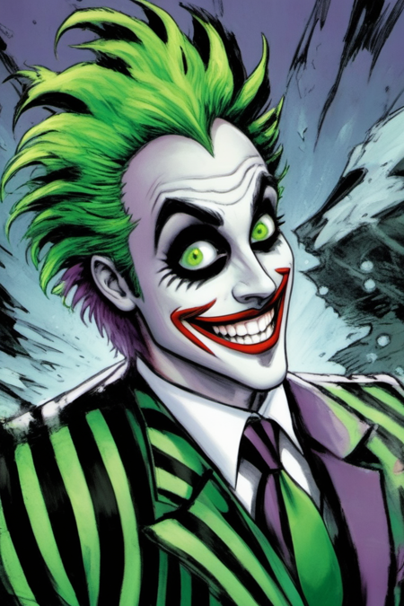 comic book art,1boy, male focus, solo, facial hair, necktie, smile, beard, grin, green hair, heterochromia, formal, looking at viewer, prison clothes, striped suit, suit ,Beetlejuice, Beetlejuice, Beetlejuice, art by ed benes