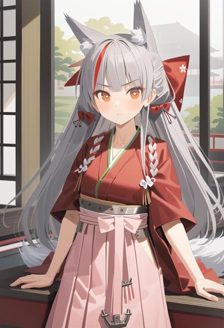 1girl, (kamikaze \(azur lane\):1.44), azur lane, norizc, grey hair, streaked hair, cowboy shot, red kimono, white pupils, brown eyes, pink hakama, hakama skirt, wide sleeves, short sleeves, hair bow, animal ear fluff, long hair, fox ears, hair bell, fox tail, tasuki, anchor, collarbone, natural lighting, (masterpiece, best quality), newest, late, detailed scenery, japanese tea room, (3d render:0.8), watercolor \(medium\), <lora:kamikazes_animaginexl_2-44:0.8>