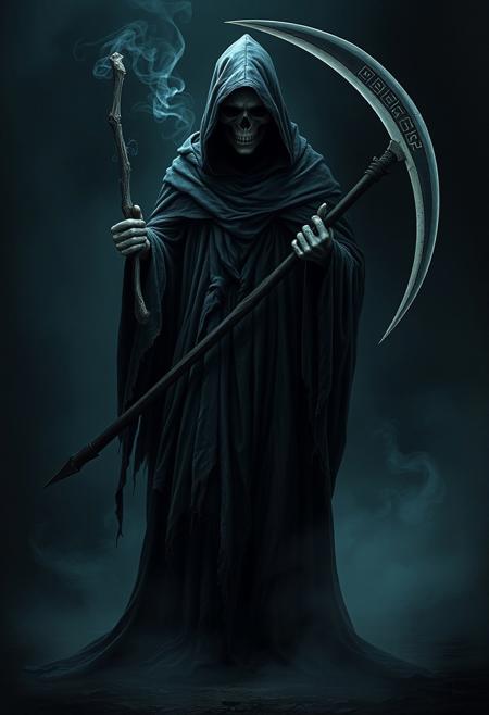 The Grimm Reaper stands as a haunting figure cloaked in shadows and whispers of ancient tales. Draped in a tattered, ethereal robe that seems woven from the night itself, his form flickers between solid and spectral, as if caught between the mortal realm and the afterlife. His hood, deep and shadowed, reveals nothing but a pair of cold, otherworldly eyes—pale, glowing orbs that pierce the soul with the weight of eternity. Wisps of smoke and phantom mist coil around him, giving the impression of a being formed from darkness and lost memories.
In his bony, skeletal hands, he grips a massive scythe, its blade impossibly sharp and shimmering with a ghostly light, as if it drinks in the moonlight. The handle, adorned with runes of forgotten languages, thrums with a quiet power, pulsating in time with the steady, measured steps of the Reaper. Every movement is soundless, each glide forward a ripple in the fabric of time, as he moves with the inevitability of death itself.
Around him, the air feels colder, heavier, like the breath of winter or the final sigh of a dying star. His presence is not just seen but felt, a chilling whisper in the mind that speaks of finality, destiny, and the great unknown that lies beyond. The Grimm Reaper is not merely a harbinger of death, but a collector of stories, a silent witness to the endless cycle of beginnings and endings, an eternal shadow that looms at the edge of every life.