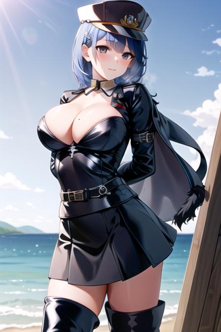 cpyvazln, 1girl, solo, (close-up), (cowboy shot), delicate face, black military hat, cleavage, black jacket, black miniskirt, pleated skirt, (latex thigh boots), high heel boots, elbow gloves, standing, arms behind back, wharf, ocean, shoreline, winter, <lora:cpyvazln_v33:0.9>