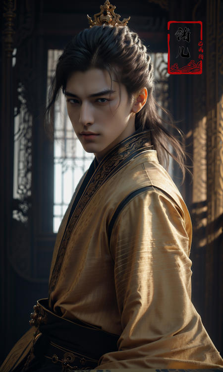 Epic CG masterpiece, A Chinese Tang dynasty emperor,by guopei Wuxia,handsome, MAX Masculinity, straight crown, golden Taoist robe, palace background, Tang dynasty, royal, dynamic poses, stunning colors, 3D rendering, surrealism, cinematic lighting effects, realism, 00 renderer, super realistic,
<lora:~Q?-vY*[Proyal:0.9>