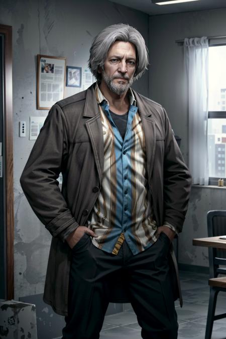 (masterpiece, best quality)
solo, shirt, gloves, 1boy, grey hair, male focus, open clothes, indoors, coat, facial hair, beard, hands on hips, realistic, hands in pockets, HankDBH
<lora:epi_noiseoffset2:1>,   <lora:HankDBH:0.7>