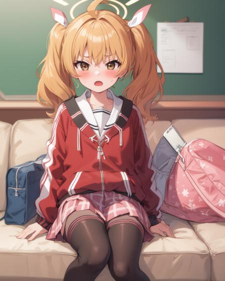 yoshimi (blue archive) orange hair,halo,red jacket,pink skirt,blonde hair,twintails,brown eyes