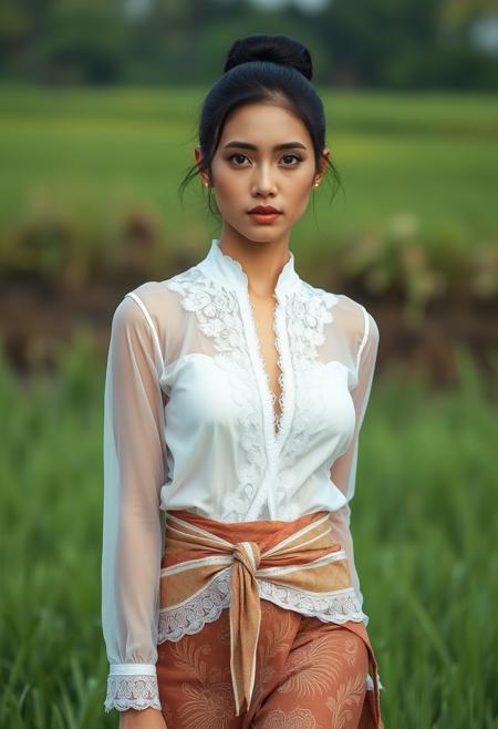 Hyper realistic, ultra realistic, highly detailed, 24 years old female, (indonesian:1.3), 1girl, beautiful, hair bun_hairstyle, black hair, oval face, serious face expression, big breasts, athletic perfect body, (full body), tan body, ((wearing white transparent kebaya blouse over batik kemben torso wrap)), stand up, 
 looking at viewer, paddy farm field background, bright lighting from front