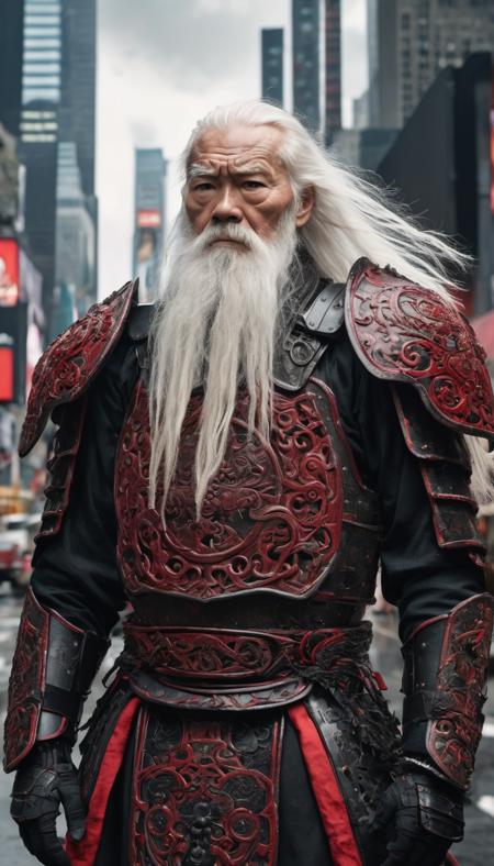 streetview portrait photograph of an old man with long white hair and long white beard looking at the viewer with a sad look in his eyes as if his soul was torn out,  he is a warrior wearing black mechanical armor,  (Gusoku Style Armor,  black,  red details,  red inlays:1.3),  intricate details,  medium shot,  slightly above view,  side view,  apocalyptical science fictional city street resembling times square,  wartorn ruins,  devastation,  vines,  vegetation,  deep dark lightning,  rule of thirds,  ultra detailed,  ultra realistic,  epic composition,  dimly lit