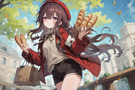 best quality, masterpiece, extremely detailed, detailed background, 1girl, bag, bread, long hair, ahoge, hat, food, solo, baguette, smile, brown hair, holding, shorts, bird, purple eyes, jacket, outdoors, looking at viewer, bangs, red headwear, falling leaves, hair between eyes, braid, paper bag, red jacket, very long hair, long sleeves, animal on shoulder, ginkgo leaf, beret, autumn, closed mouth, animal, holding bag, leaf, sky, autumn leaves, shopping bag, blue sky, cowboy shot, open clothes, brown bag, bow, ribbon <lora:bacheally128dim-epoch-000006:1>