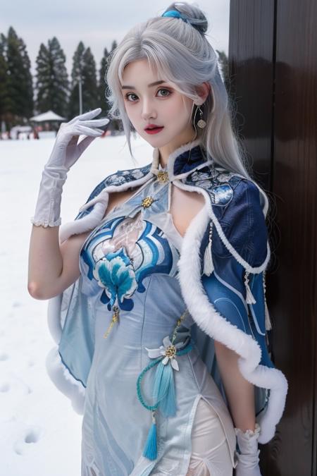 ltra-detailed,highly detailed,best quality,masterpiece,illustration,realistic,photorealistic,
guqinghan,cangyugezhu, 1girl, solo, 
chinese clothes, china dress, blue dress, gloves, fur trim, side slit, cape, shawl,
jewelry, earrings, tassel, 
grey hair, long hair, hair bun, hair ornament, hair flower, 
looking at viewer, cowboy shot, adjusting hair, 
outdoors, winter, snow, flower, 
<lora:guqinghan cangyugezhu_v1_04:0.7>