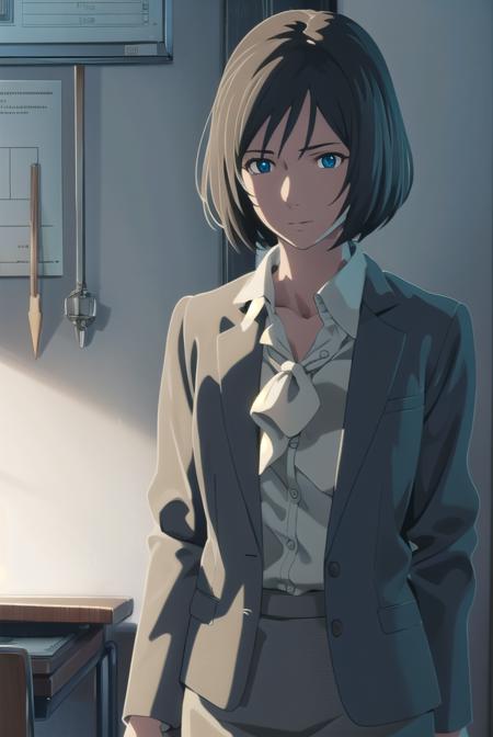 yukariyukino, <lora:yukari yukino movie-lora-nochekaiser:1>,
yukari yukino, short hair, black hair, blue eyes, hair between eyes, smile
BREAK shirt, collared shirt, white shirt, ascot, blazer, peach blazer, skirt, pencil skirt,
BREAK indoors, classroom,
BREAK looking at viewer, (cowboy shot:1.5),
BREAK <lyco:GoodHands-beta2:1>, (masterpiece:1.2), best quality, high resolution, unity 8k wallpaper, (illustration:0.8), (beautiful detailed eyes:1.6), extremely detailed face, perfect lighting, extremely detailed CG, (perfect hands, perfect anatomy),