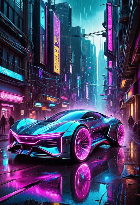futuristic quantum car speeding through a neon-lit cyberpunk city, sleek aerodynamic design, glowing quantum engines, transparent wheels with holographic rims, reflective chrome body with neon blue and magenta highlights, digital interface projected around the vehicle, flying sparks, rain-soaked streets reflecting lights, cinematic perspective, science fiction poster style, ultra-detailed, high contrast, epic lighting, concept art
, qu4ntum