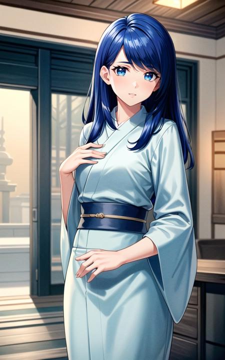 (masterpiece:1.2, best quality:1.2, beautiful, high quality, highres:1.1, aesthetic), detailed, extremely detailed, ambient soft lighting, 4K, perfect lighting, perfect face, perfect eyes, <lora:Samantha:0.4> 1 girl, samantha, blue hair, blue eyes, kimono, belt, <lora:more_details:0.3>