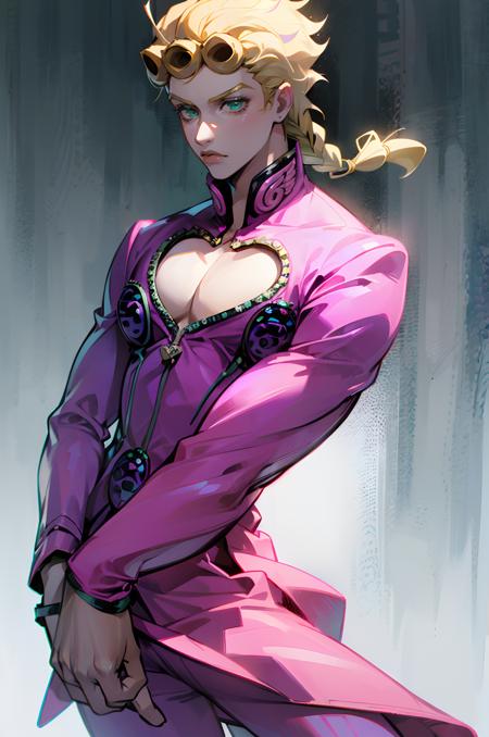 giorno giovanna pink outfit blue outfit blonde hair green eyes braid