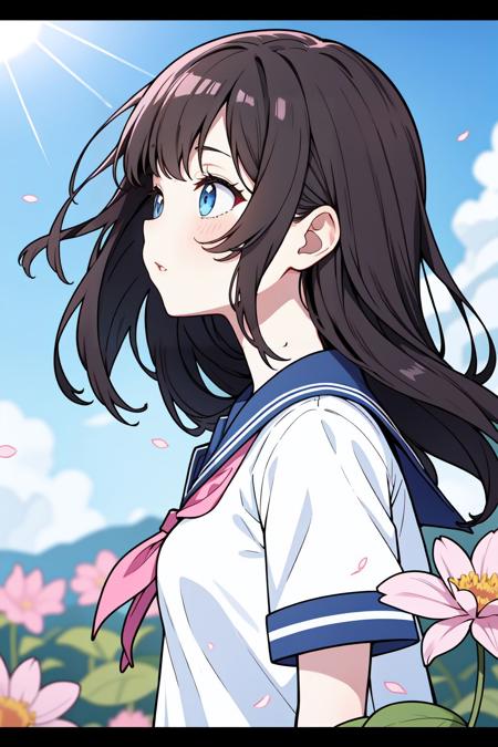 (masterpiece, best quality),1girl, solo, flower, long hair, outdoors, letterboxed, school uniform, day, sky, looking up, short sleeves, parted lips, shirt, cloud, black hair, sunlight, white shirt, serafuku, upper body, from side, pink flower, blurry, brown hair, blue sky, depth of field