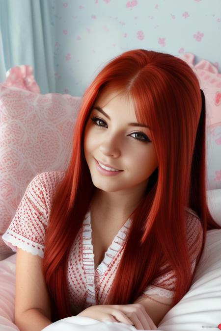 portrait photo of KariSweets,  <lora:KariSweets:0.9>, beautiful woman ,red hair, twin tails, sleeping in a bed in a kids bedroom, gray pajamas,  (best quality) (detailed) (8k) (HDR) (wallpaper) (cinematic lighting) (sharp focus) (intricate)