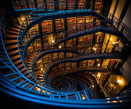 infinite library, multiple floors, spiral staircase seen from above