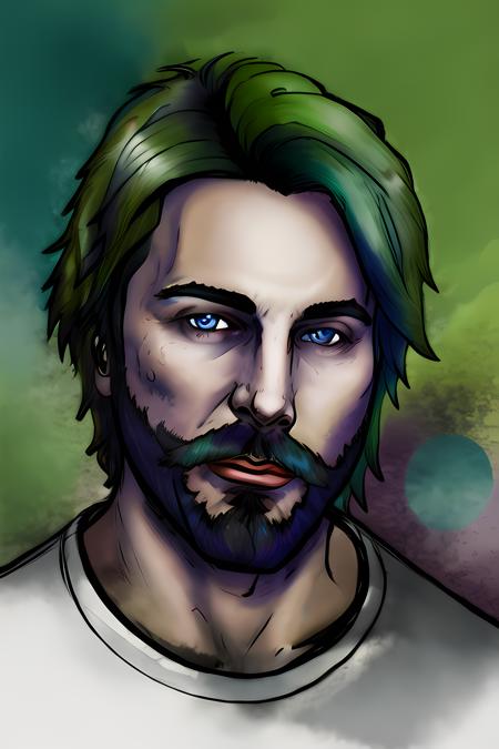 (masterpiece, best quality:1.2),1boy, male focus, solo, <lora:DuskfallArt:.7> , alex brightman as beetlejuice, facial hair, beard, portrait, blue eyes, green hair, looking at viewer, mustache, short hair, digital art,