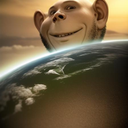 a realistic photograph of soyjak, an extraterrestrial being with a wide smile on its face standing in front of the earth, kris kuksi, digital painting, wonder, variation:impish_soyak_ears <lora:Soy:0.7>