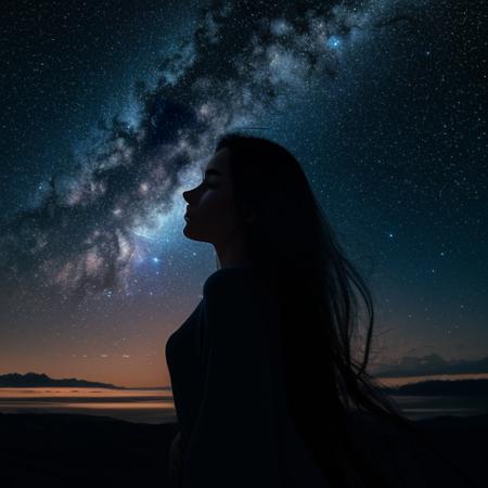 In the center of the image, there is a woman depicted as if she were made of clouds herself. Her silhouette is graceful and elegant, with her hair billowing around her like wispy clouds caught in a gentle breeze. The strands of her hair blend seamlessly with the clouds surrounding her, giving the impression that she is one with the sky.
Behind her, the backdrop is a deep, velvety night sky adorned with twinkling stars and the faint glow of distant galaxies. The darkness of the sky serves to accentuate the ethereal quality of the woman and the clouds that compose her form. Despite the darkness, her presence seems to illuminate the scene with a serene and otherworldly glow.
Overall, the image evokes a sense of beauty, mystery, and tranquility, inviting viewers to lose themselves in the dreamlike atmosphere of the night sky and the woman who seems to belong to it.