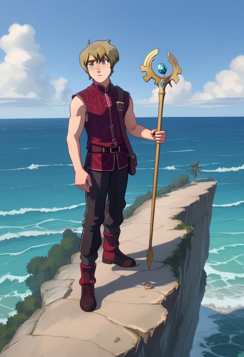 Score_9, Score_8, Score_7, TDPStyle, TeCal, Blond Hair, Messy Hair, Medium Hair, Sleeveless Vest, Red Vest, Blue Eyes, standing on cliff edge, Ocean, Golden Trident