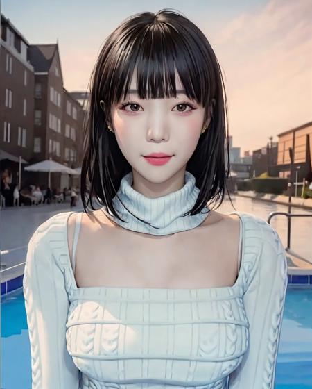 pureerosface_v1:0.05, best quality, photorealistic, 8k, high res, 1girl, woman, (skindentation), (portrait:0.6), gorgeous, dynamicpose, ((poolsidebackground:1.6)), ((necksweater:1.79)), straight-looking at viewer:1.8, (1girl eyes looking at viewer, medium-length hair,  brownhair, partedbangs:1.45), (bokeh), smile:1.2, (closed mouth:1.16), <lora:AAG-baerasoni:0.65>