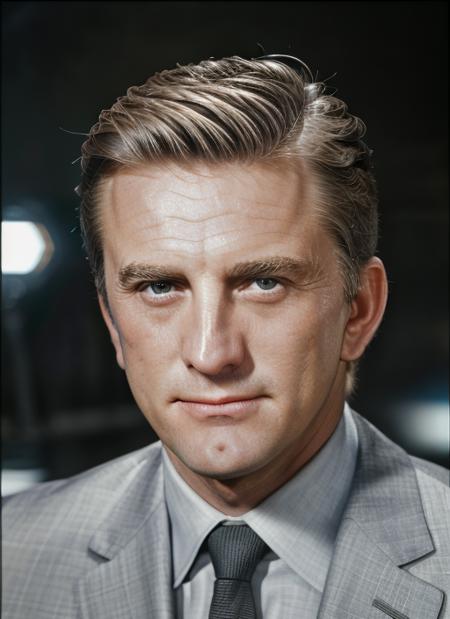 ( <lora:KirkDouglas:1>) close up Portrait photo of (kd1) man with (short blonde hair), Detailed face, (perfect eyes), (realistic matte skin:1.1), perfect body, wearing  ((Armani Collezioni Three-Piece Suit)), Modelshoot style, Professional Photography, soft  lighting, PHOTOREALISTIC, Realistic, standing in a dark studio background, blurred background, volumetric fog,. RAW, analog style, sharp focus, 8k, HD, DSLR, high quality, Fujifilm XT3, film grain, award winning, masterpiece,