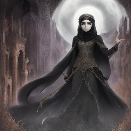 Horror-themed Anime a beautiful  female Arabic Style, mystical powers, magical elements, dynamic action scenes, detailed character design, Hejab Islamic, elaborate backgrounds, emotional expressions, calligraphy elements, fantasy setting, colorful and vibrant, . Eerie, unsettling, dark, spooky, suspenseful, grim, highly detailed